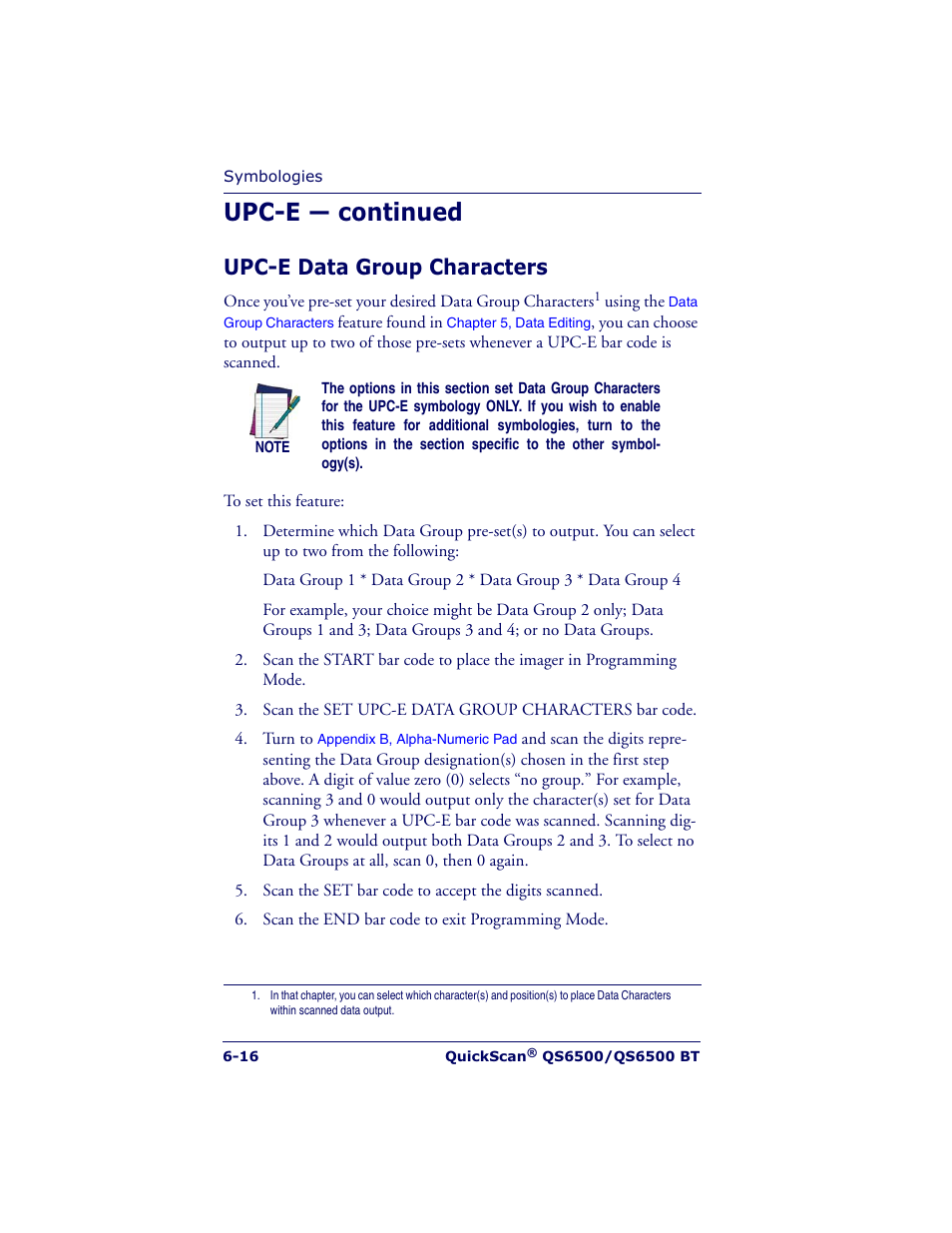 Upc-e — continued, Upc-e data group characters | Datalogic Scanning QUICKSCAN QS6500BT User Manual | Page 104 / 336