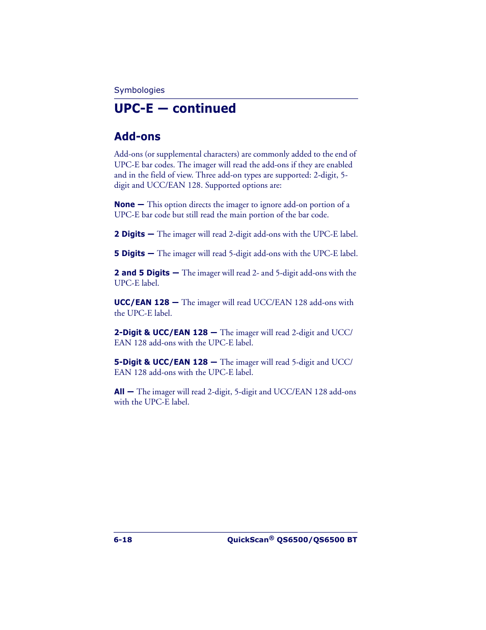 Upc-e — continued, Add-ons | Datalogic Scanning QUICKSCAN QS6500BT User Manual | Page 106 / 336