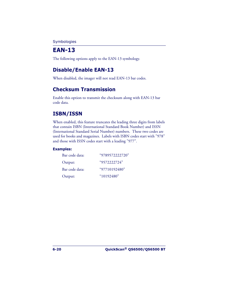 Ean-13, Disable/enable ean-13, Checksum transmission | Isbn/issn | Datalogic Scanning QUICKSCAN QS6500BT User Manual | Page 108 / 336