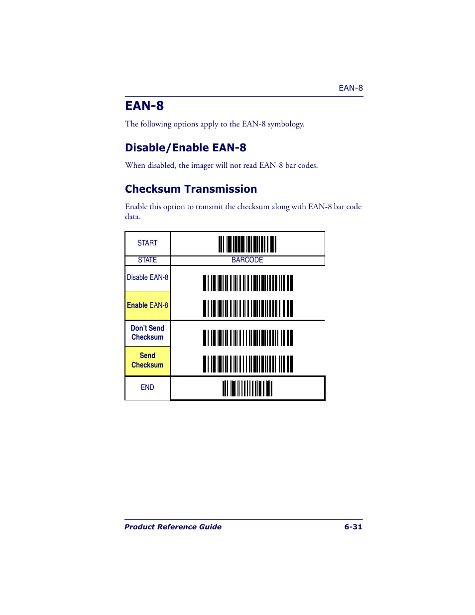 Ean-8, Disable/enable ean-8, Checksum transmission | Datalogic Scanning QUICKSCAN QS6500BT User Manual | Page 119 / 336