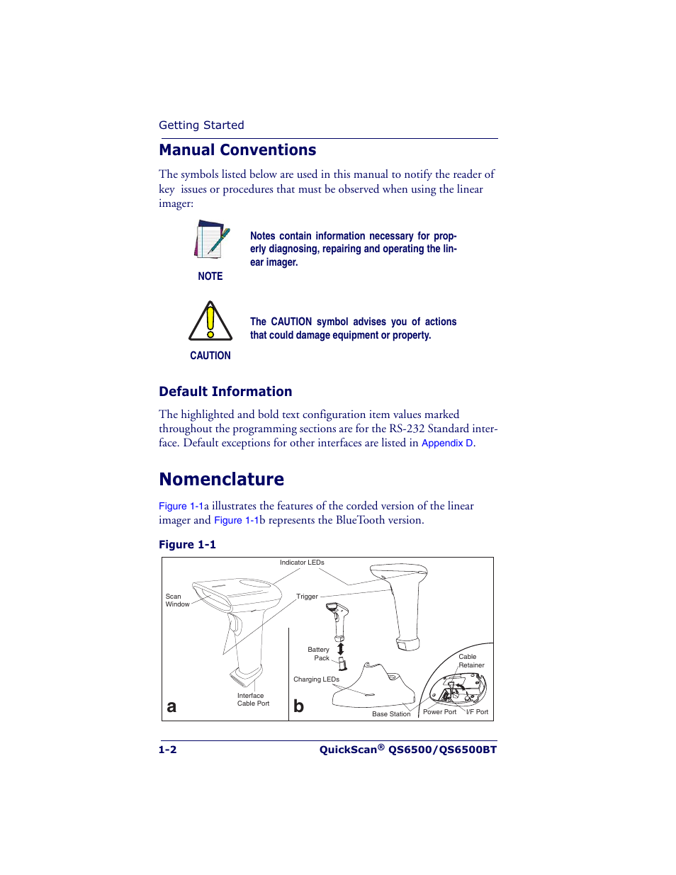 Nomenclature, Manual conventions, Default information | Datalogic Scanning QUICKSCAN QS6500BT User Manual | Page 12 / 336