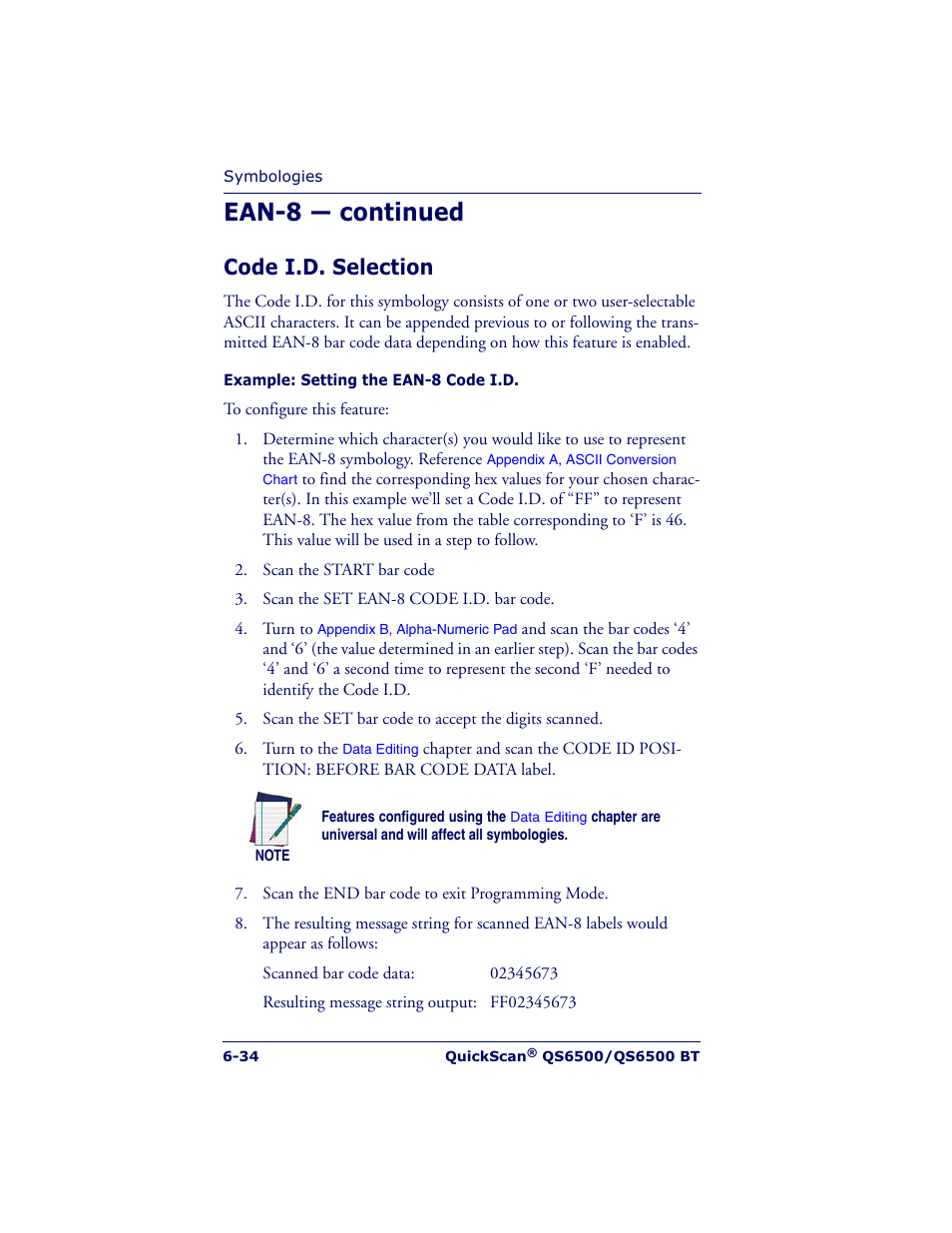 Ean-8 — continued, Code i.d. selection | Datalogic Scanning QUICKSCAN QS6500BT User Manual | Page 122 / 336