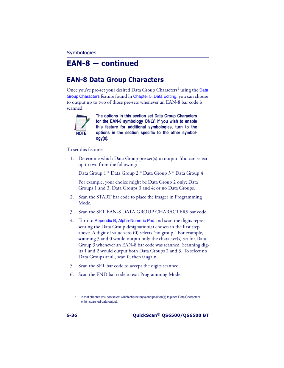 Ean-8 — continued, Ean-8 data group characters | Datalogic Scanning QUICKSCAN QS6500BT User Manual | Page 124 / 336