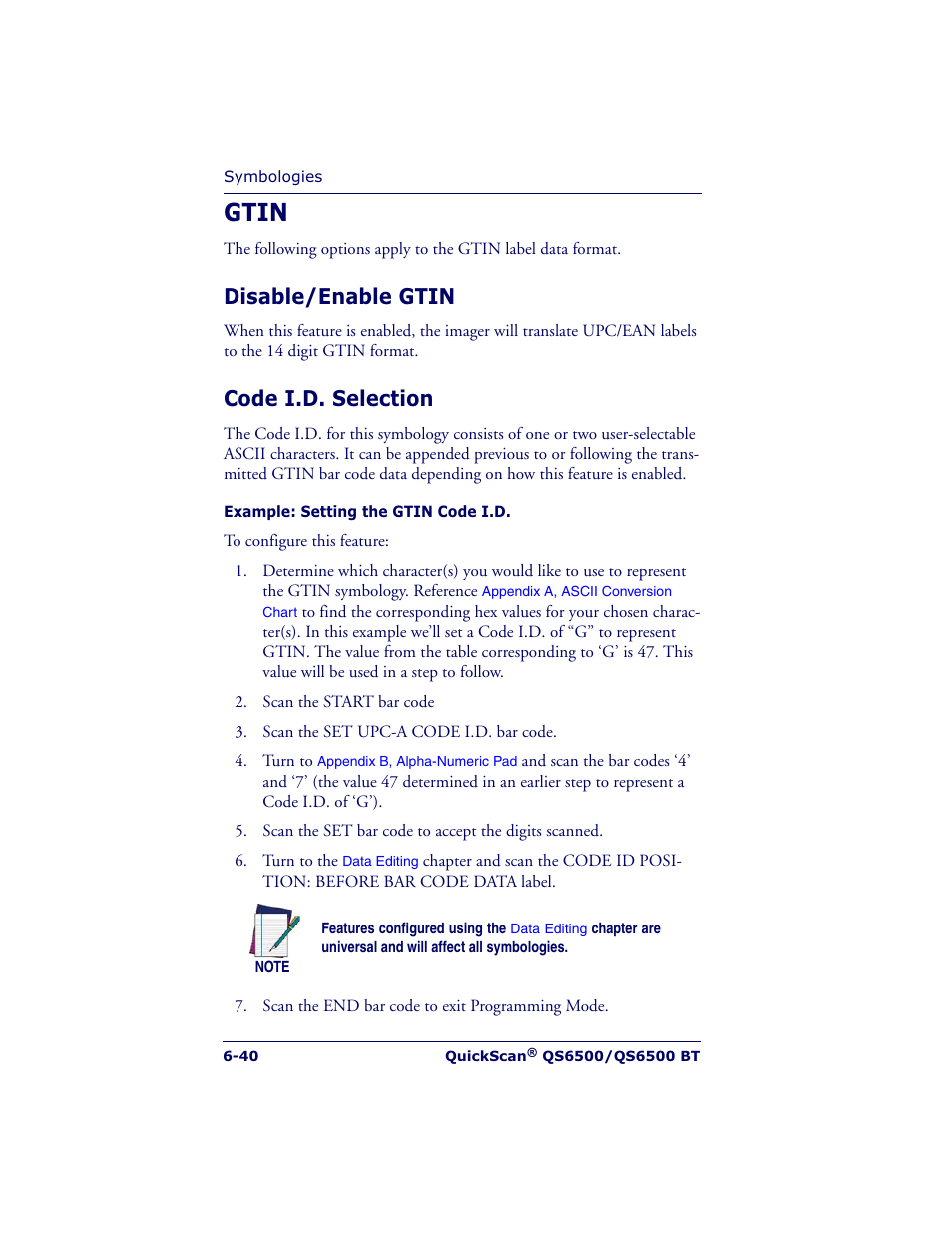 Gtin, Disable/enable gtin, Code i.d. selection | Datalogic Scanning QUICKSCAN QS6500BT User Manual | Page 128 / 336