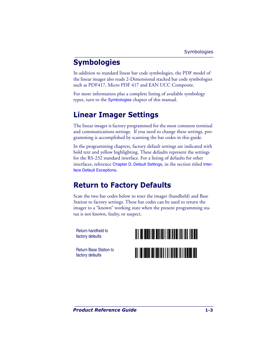 Symbologies, Linear imager settings, Return to factory defaults | Datalogic Scanning QUICKSCAN QS6500BT User Manual | Page 13 / 336