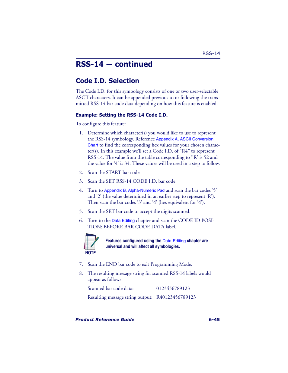 Rss-14 — continued, Code i.d. selection | Datalogic Scanning QUICKSCAN QS6500BT User Manual | Page 133 / 336