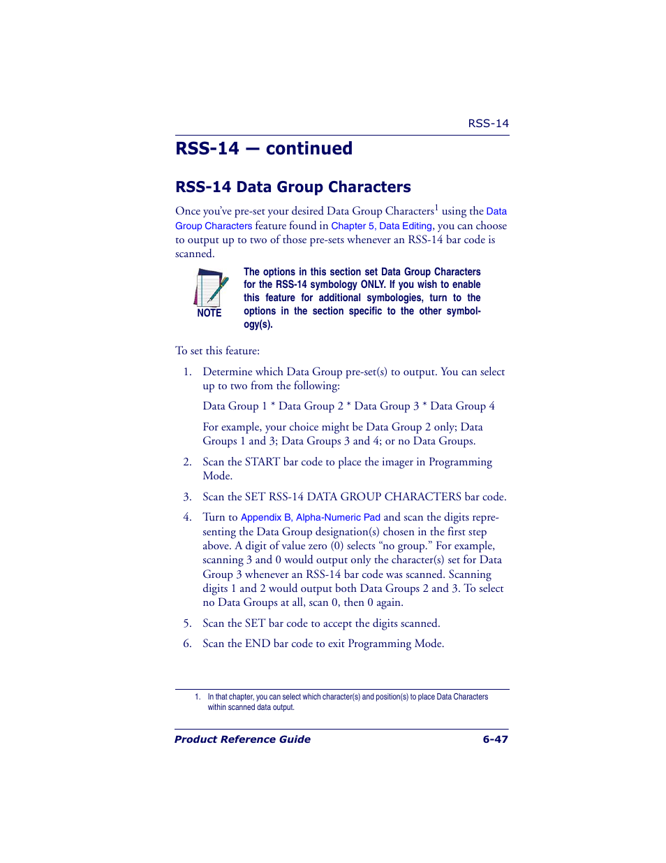 Rss-14 — continued, Rss-14 data group characters | Datalogic Scanning QUICKSCAN QS6500BT User Manual | Page 135 / 336