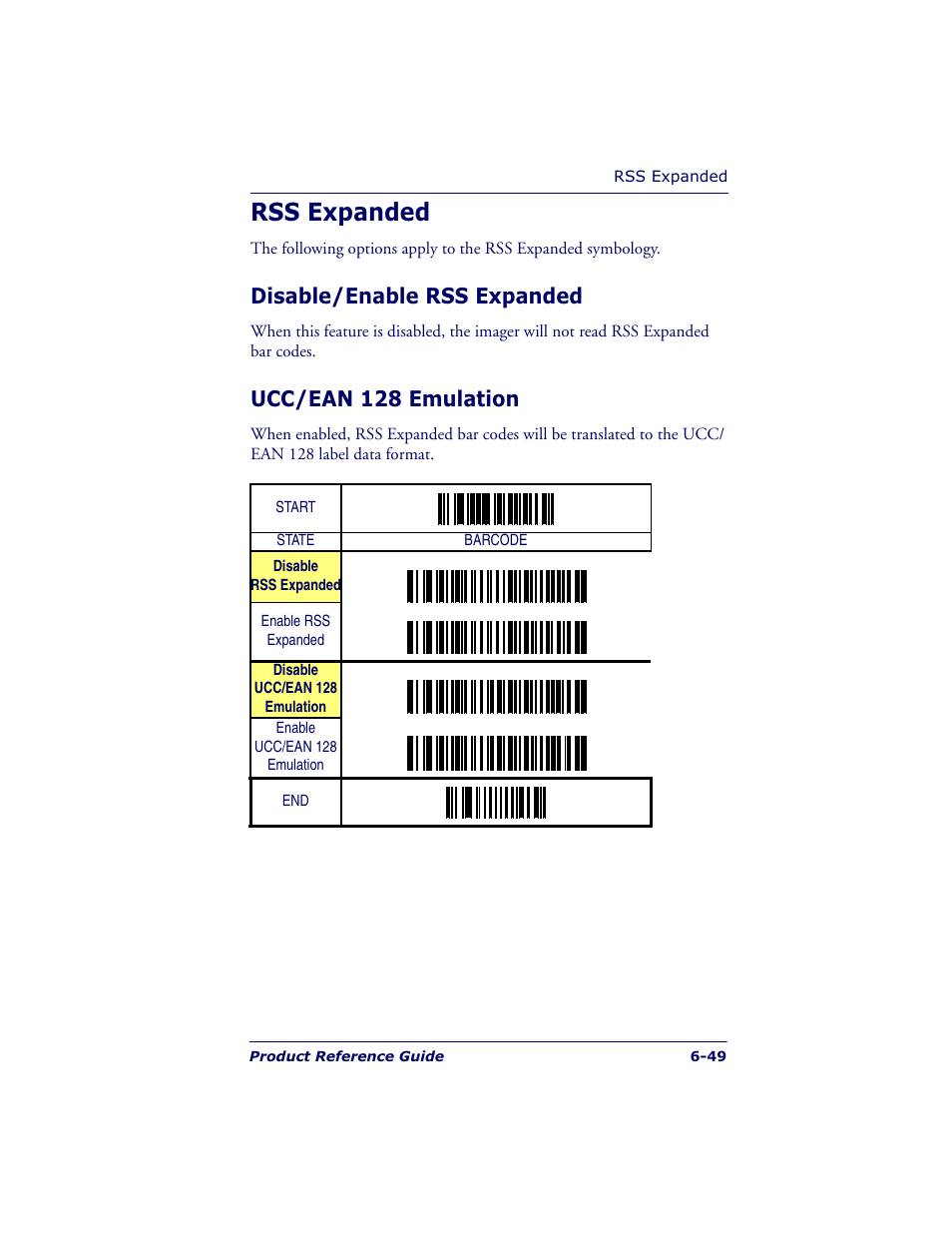 Rss expanded, Disable/enable rss expanded, Ucc/ean 128 emulation | Datalogic Scanning QUICKSCAN QS6500BT User Manual | Page 137 / 336