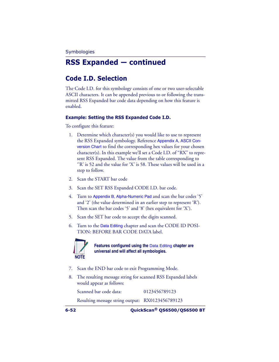 Rss expanded — continued, Code i.d. selection | Datalogic Scanning QUICKSCAN QS6500BT User Manual | Page 140 / 336