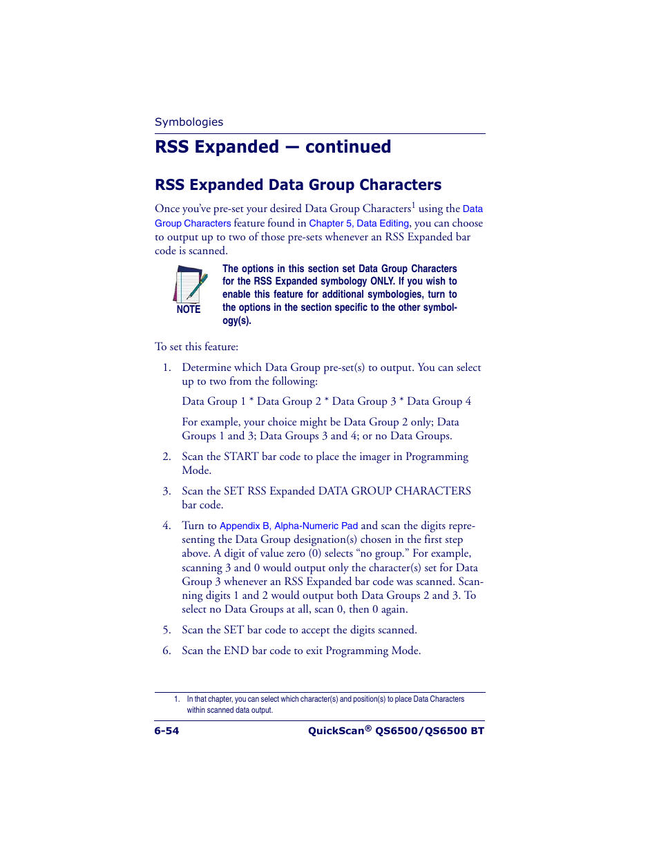 Rss expanded — continued, Rss expanded data group characters | Datalogic Scanning QUICKSCAN QS6500BT User Manual | Page 142 / 336