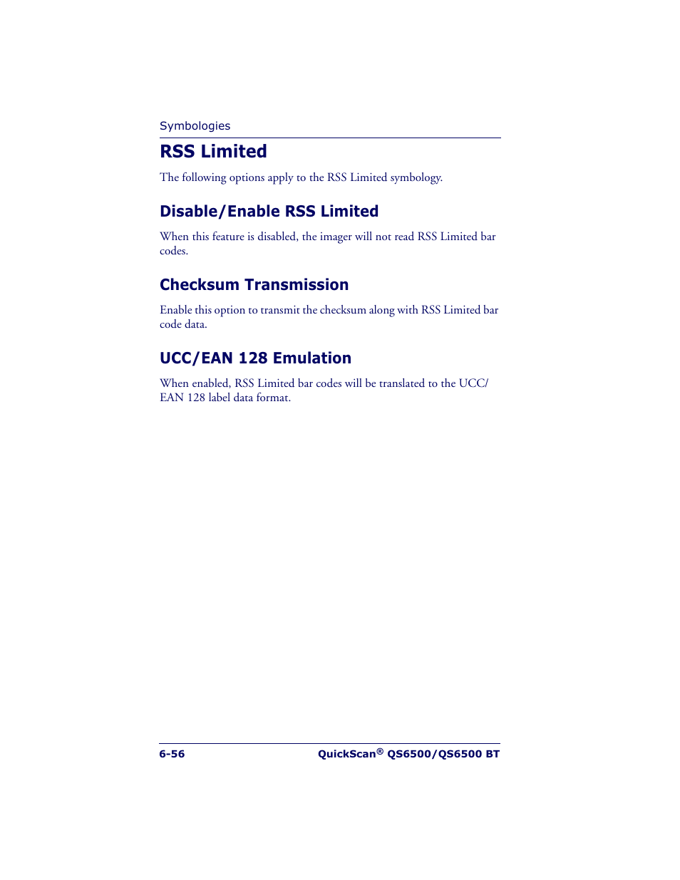 Rss limited, Disable/enable rss limited, Checksum transmission | Ucc/ean 128 emulation | Datalogic Scanning QUICKSCAN QS6500BT User Manual | Page 144 / 336