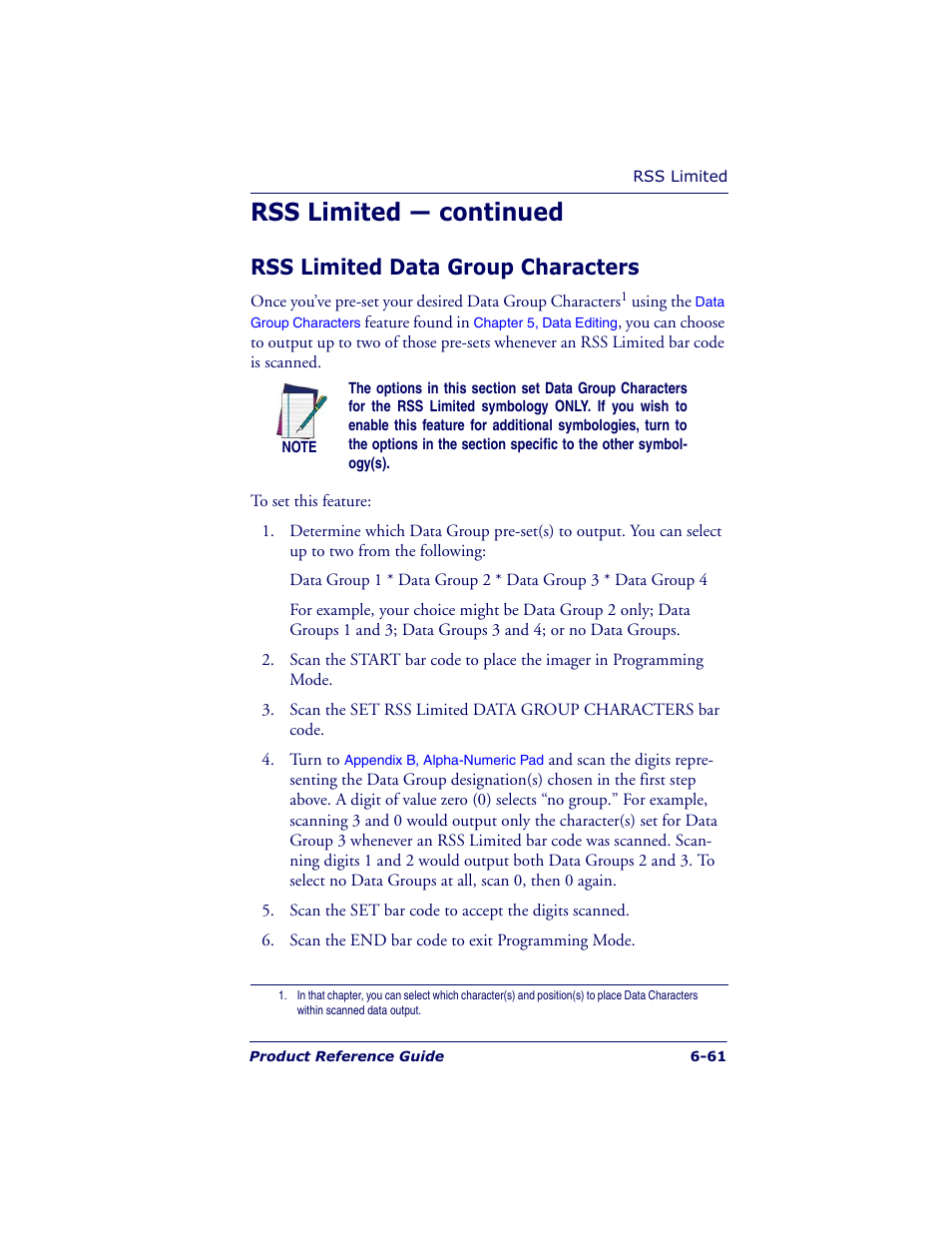 Rss limited — continued, Rss limited data group characters | Datalogic Scanning QUICKSCAN QS6500BT User Manual | Page 149 / 336