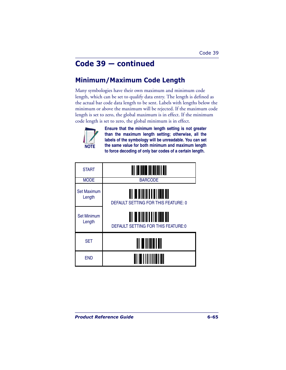 Code 39 — continued, Minimum/maximum code length | Datalogic Scanning QUICKSCAN QS6500BT User Manual | Page 153 / 336