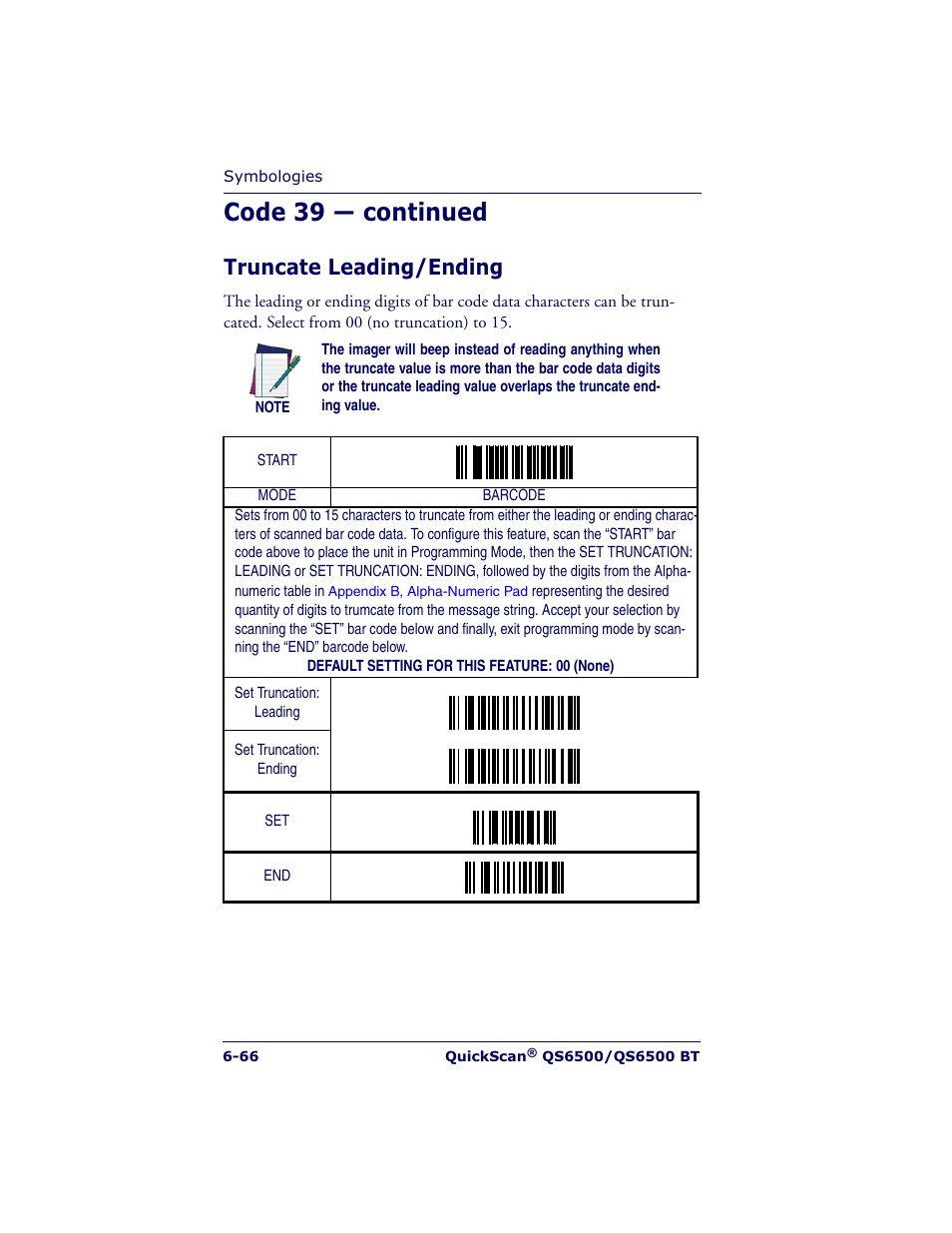 Code 39 — continued, Truncate leading/ending | Datalogic Scanning QUICKSCAN QS6500BT User Manual | Page 154 / 336