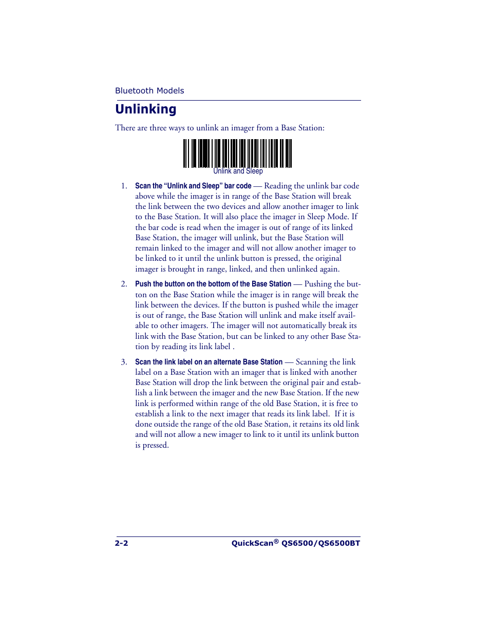 Unlinking | Datalogic Scanning QUICKSCAN QS6500BT User Manual | Page 16 / 336