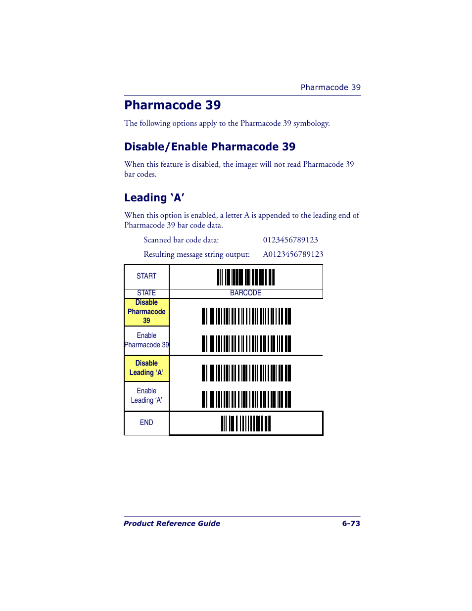Pharmacode 39, Disable/enable pharmacode 39, Leading ‘a | Datalogic Scanning QUICKSCAN QS6500BT User Manual | Page 161 / 336