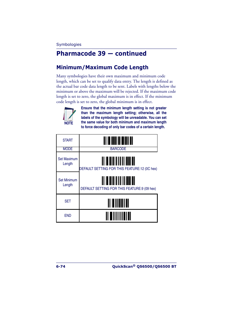 Pharmacode 39 — continued, Minimum/maximum code length | Datalogic Scanning QUICKSCAN QS6500BT User Manual | Page 162 / 336