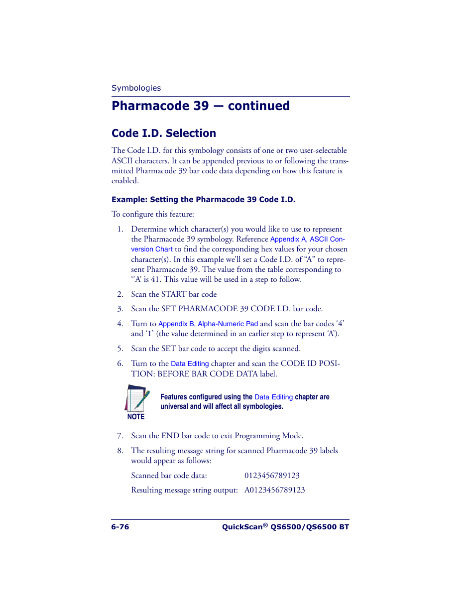 Pharmacode 39 — continued, Code i.d. selection | Datalogic Scanning QUICKSCAN QS6500BT User Manual | Page 164 / 336