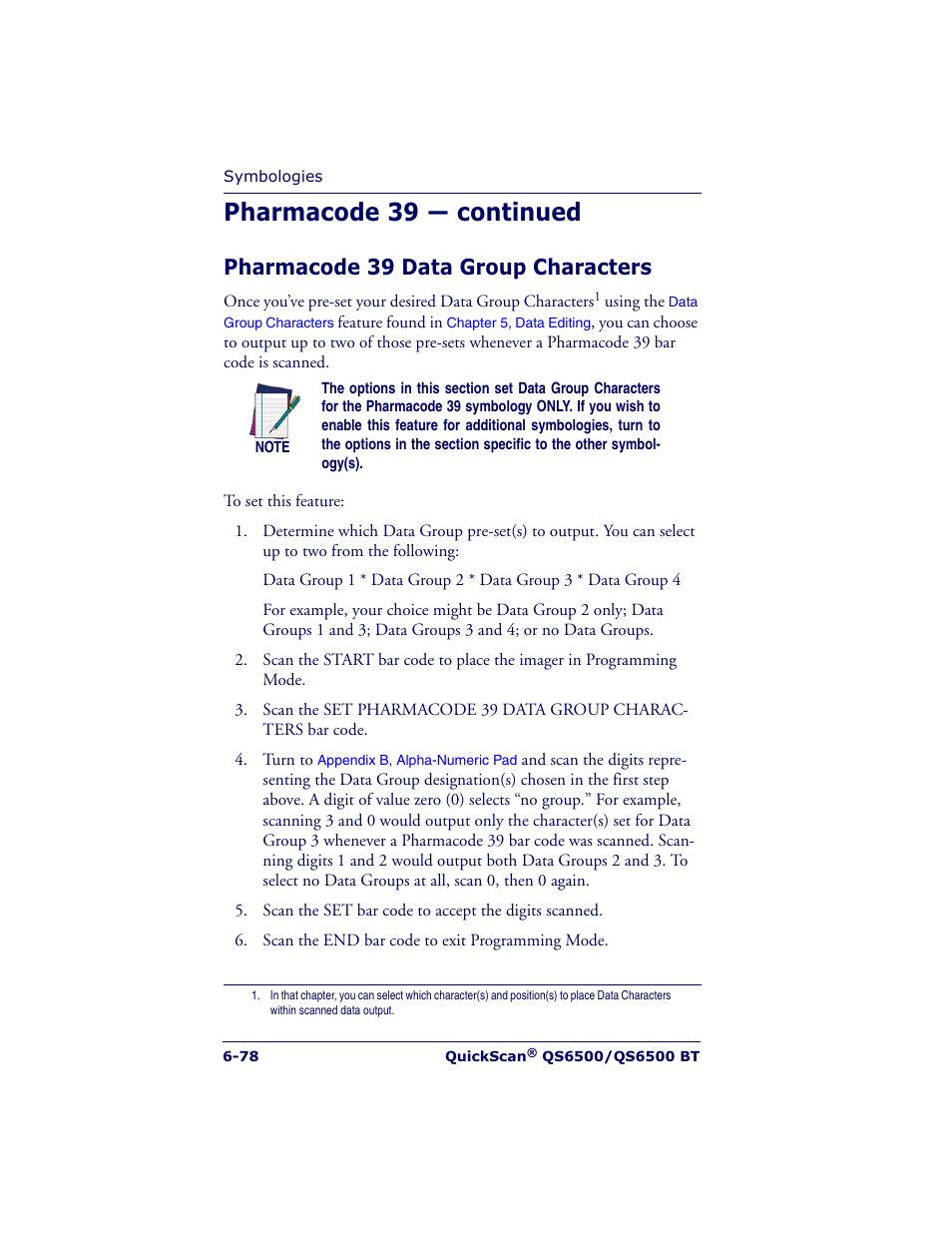 Pharmacode 39 — continued, Pharmacode 39 data group characters | Datalogic Scanning QUICKSCAN QS6500BT User Manual | Page 166 / 336