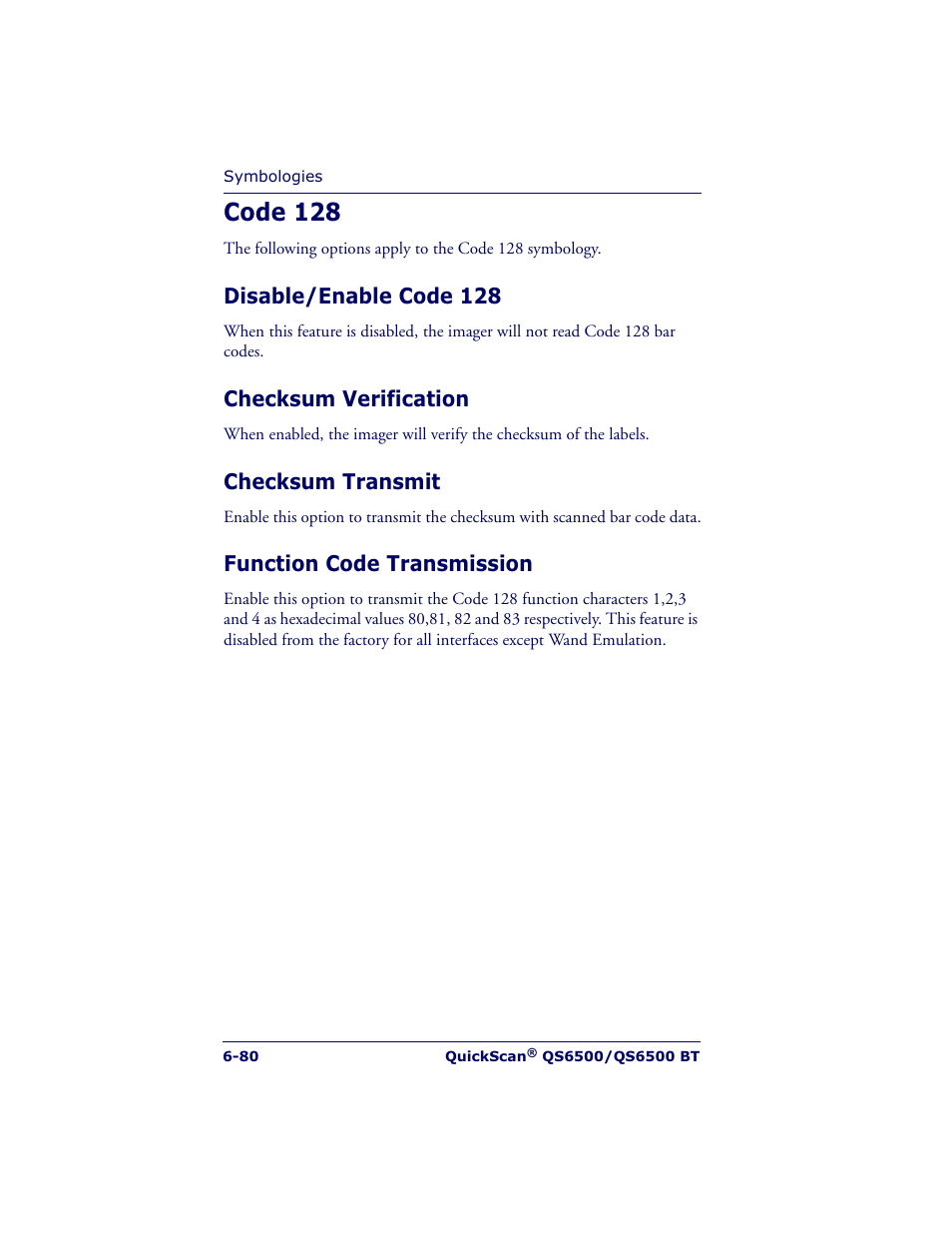 Code 128, Disable/enable code 128, Checksum verification | Checksum transmit, Function code transmission | Datalogic Scanning QUICKSCAN QS6500BT User Manual | Page 168 / 336