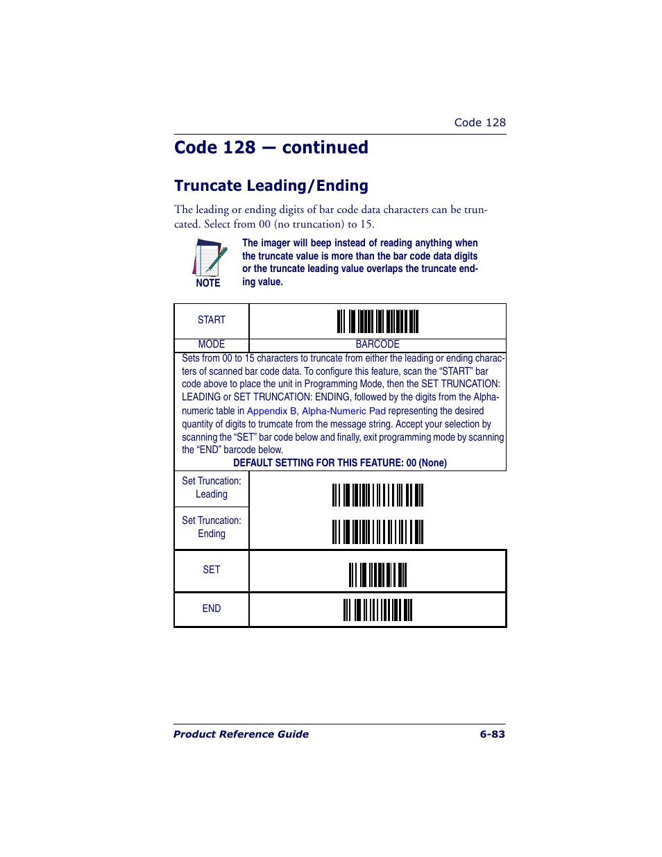 Code 128 — continued, Truncate leading/ending | Datalogic Scanning QUICKSCAN QS6500BT User Manual | Page 171 / 336