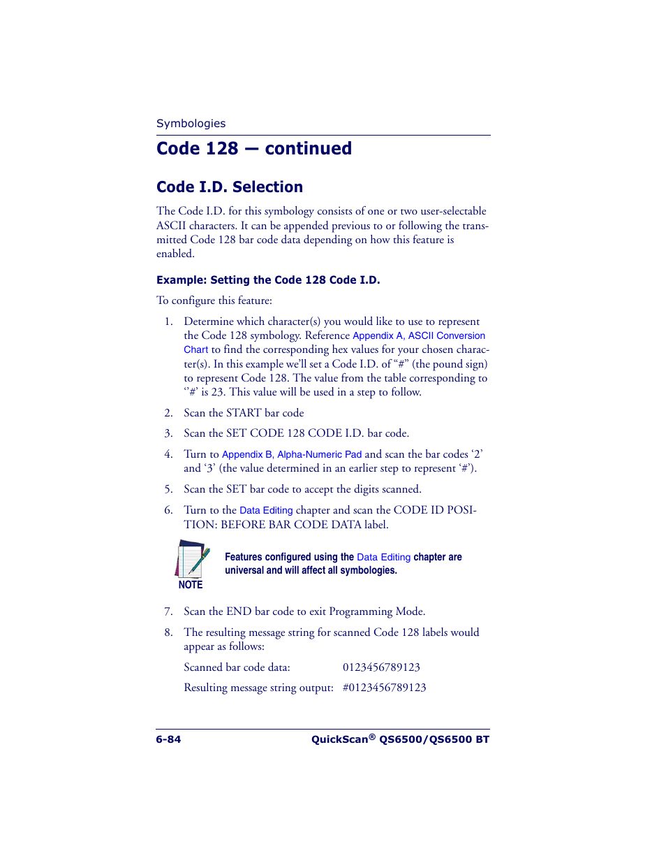 Code 128 — continued, Code i.d. selection | Datalogic Scanning QUICKSCAN QS6500BT User Manual | Page 172 / 336