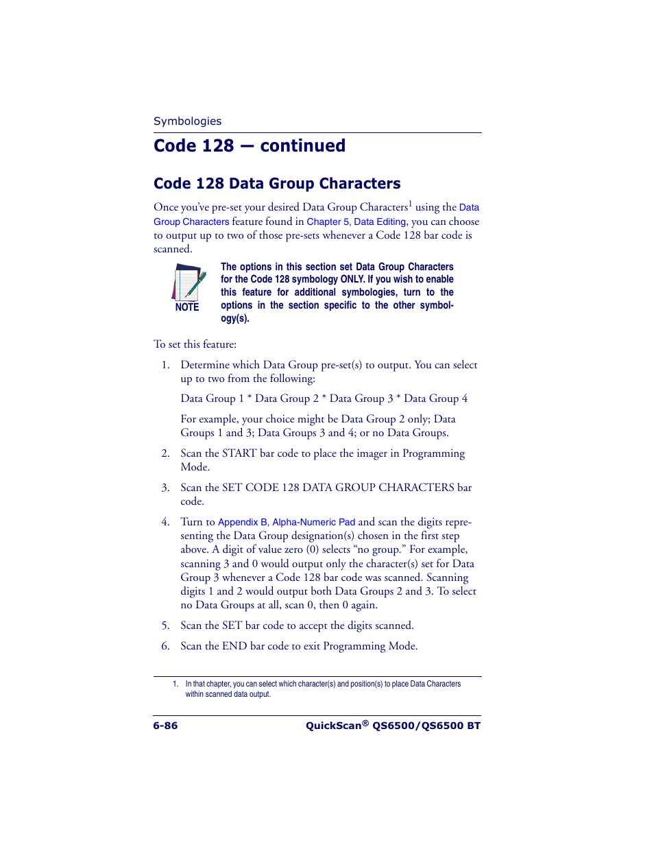 Code 128 — continued, Code 128 data group characters | Datalogic Scanning QUICKSCAN QS6500BT User Manual | Page 174 / 336