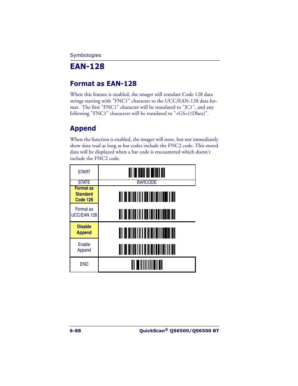 Ean-128, Format as ean-128, Append | Datalogic Scanning QUICKSCAN QS6500BT User Manual | Page 176 / 336
