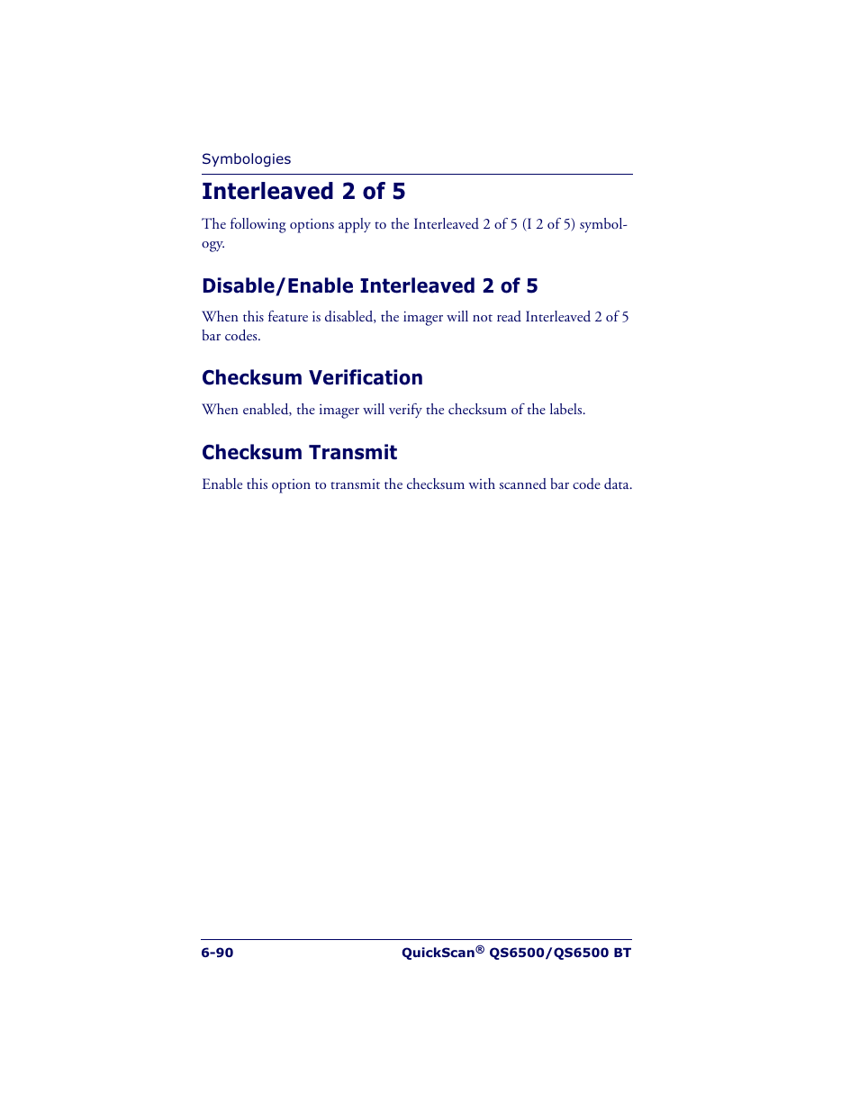 Interleaved 2 of 5, Disable/enable interleaved 2 of 5, Checksum verification | Checksum transmit | Datalogic Scanning QUICKSCAN QS6500BT User Manual | Page 178 / 336