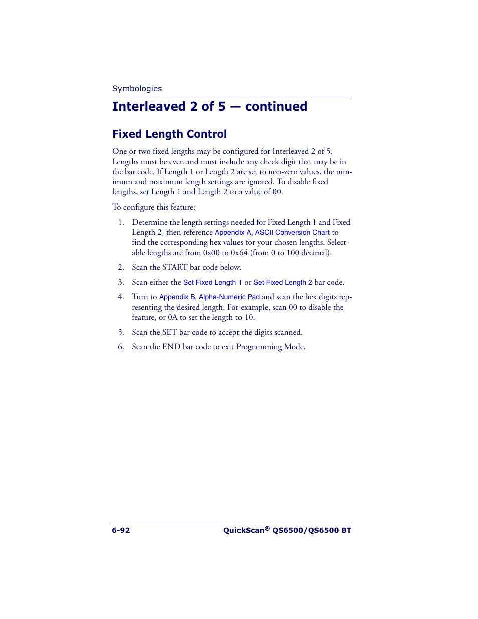 Interleaved 2 of 5 — continued, Fixed length control | Datalogic Scanning QUICKSCAN QS6500BT User Manual | Page 180 / 336