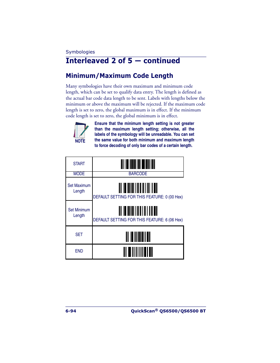 Interleaved 2 of 5 — continued, Minimum/maximum code length | Datalogic Scanning QUICKSCAN QS6500BT User Manual | Page 182 / 336