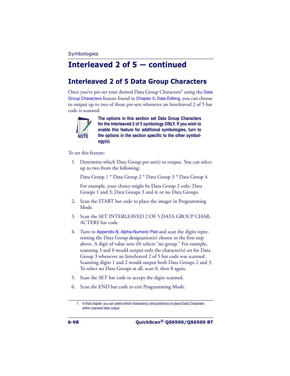 Interleaved 2 of 5 — continued, Interleaved 2 of 5 data group characters | Datalogic Scanning QUICKSCAN QS6500BT User Manual | Page 186 / 336