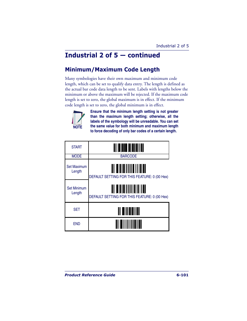 Industrial 2 of 5 — continued, Minimum/maximum code length | Datalogic Scanning QUICKSCAN QS6500BT User Manual | Page 189 / 336