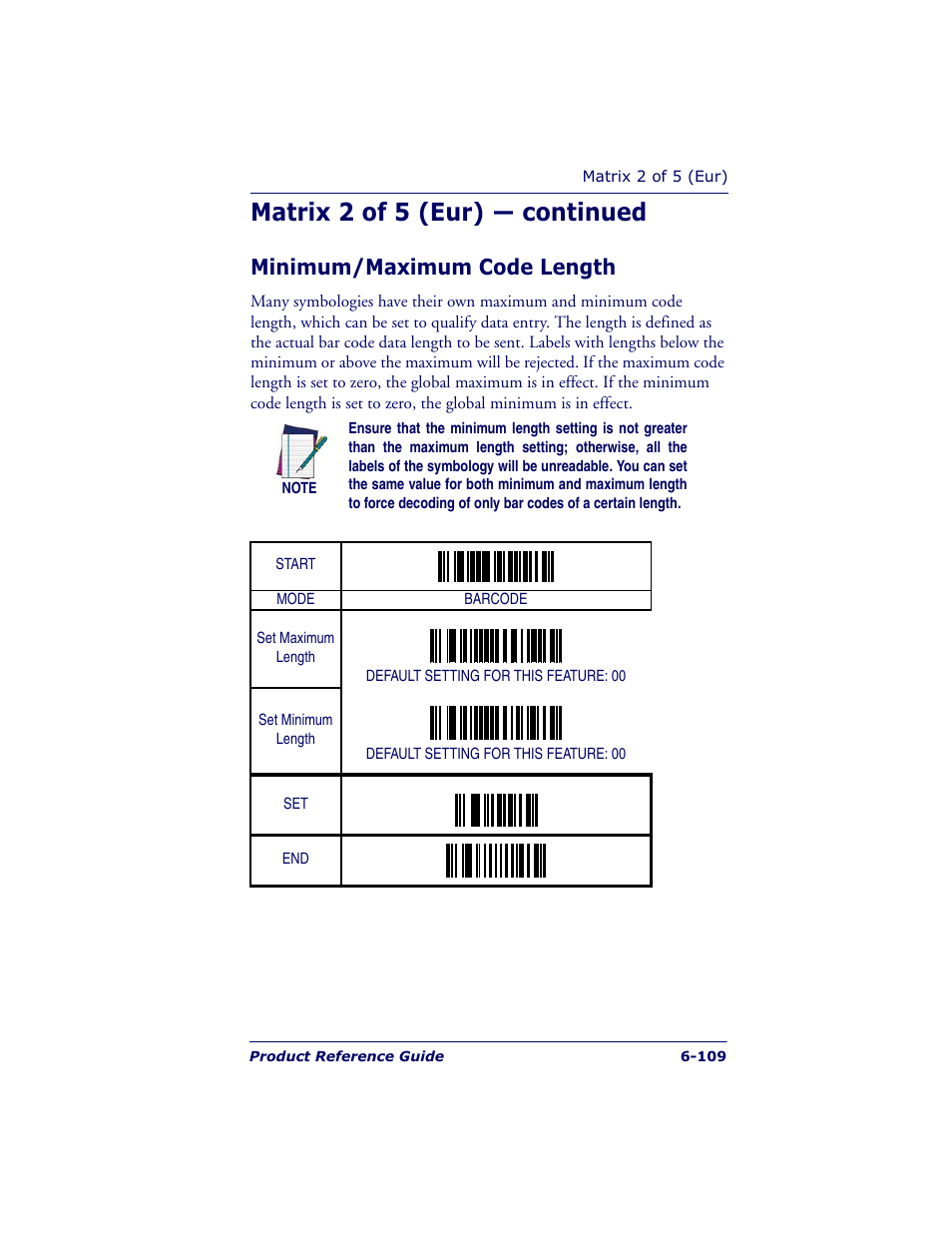 Matrix 2 of 5 (eur) — continued, Minimum/maximum code length | Datalogic Scanning QUICKSCAN QS6500BT User Manual | Page 197 / 336