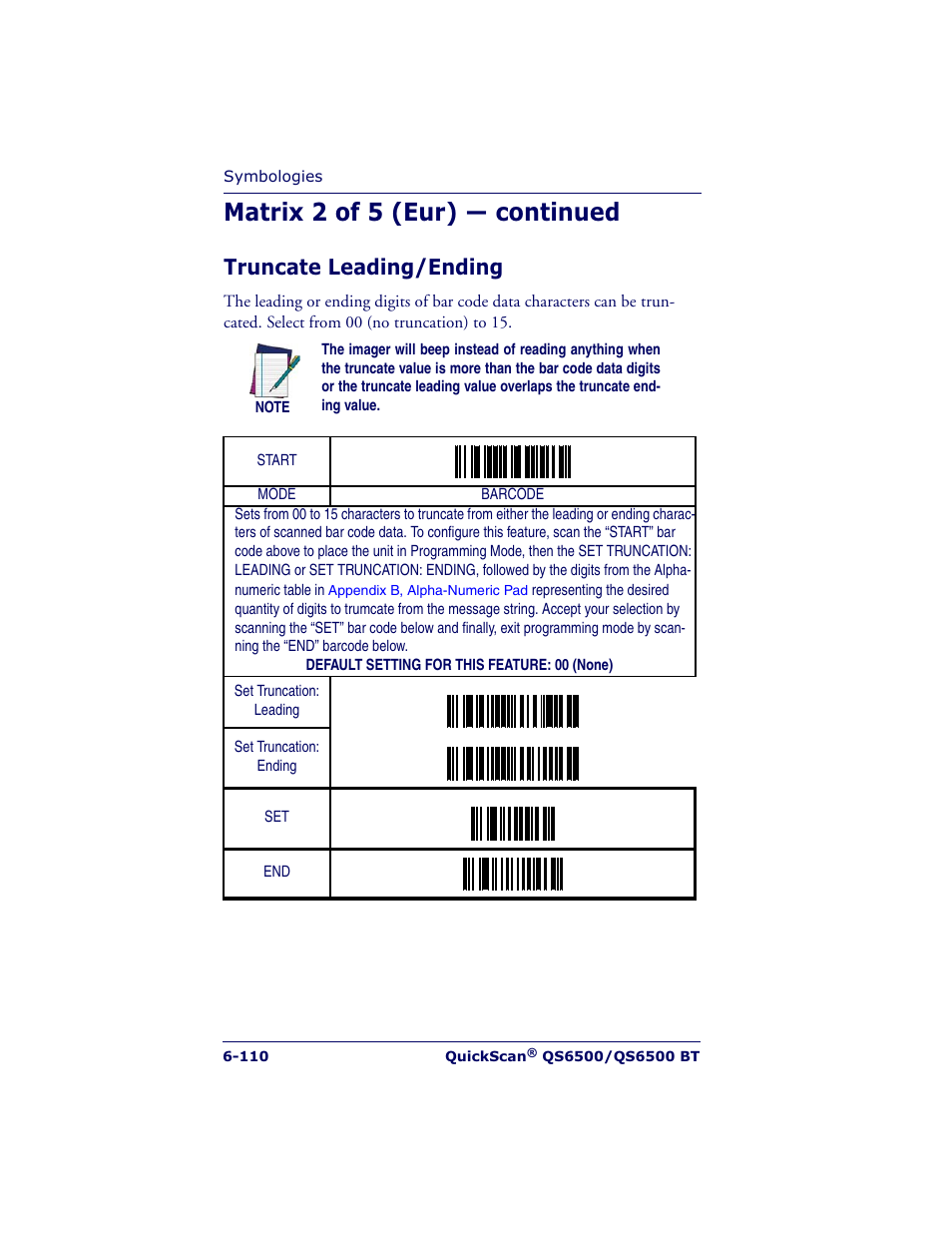 Matrix 2 of 5 (eur) — continued, Truncate leading/ending | Datalogic Scanning QUICKSCAN QS6500BT User Manual | Page 198 / 336