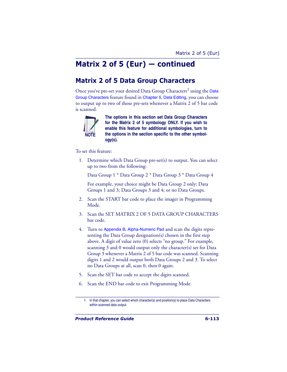 Matrix 2 of 5 (eur) — continued, Matrix 2 of 5 data group characters | Datalogic Scanning QUICKSCAN QS6500BT User Manual | Page 201 / 336