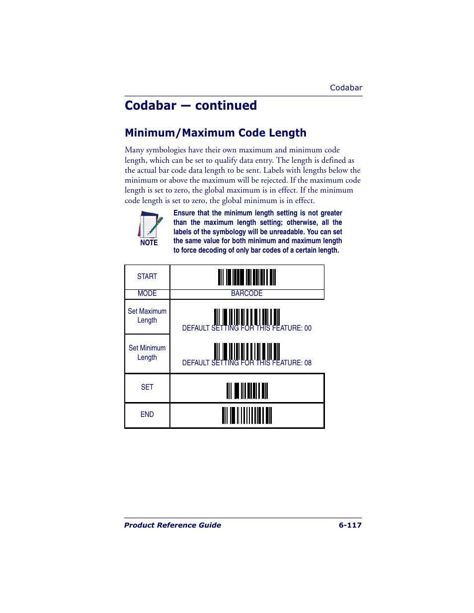 Codabar — continued, Minimum/maximum code length | Datalogic Scanning QUICKSCAN QS6500BT User Manual | Page 205 / 336