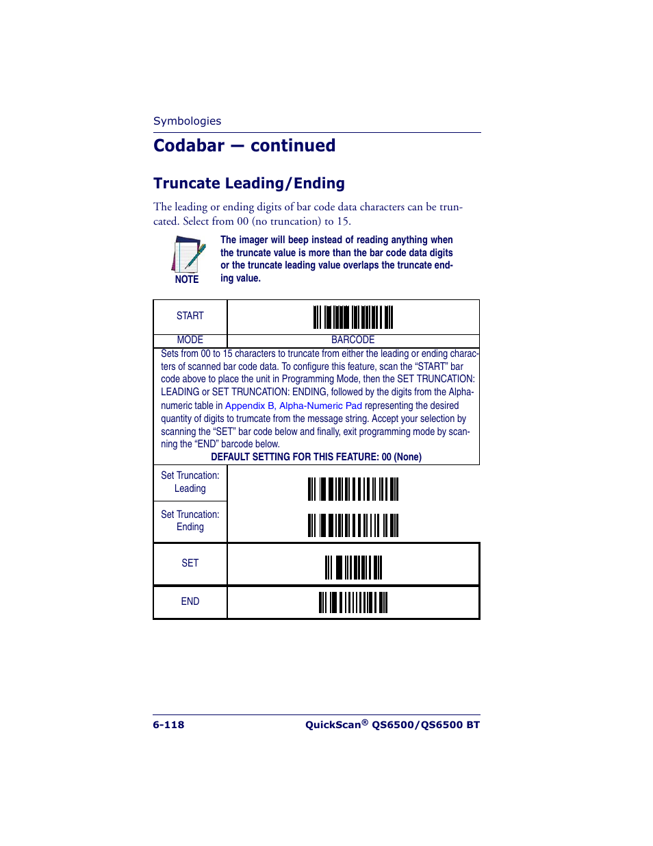 Codabar — continued, Truncate leading/ending | Datalogic Scanning QUICKSCAN QS6500BT User Manual | Page 206 / 336