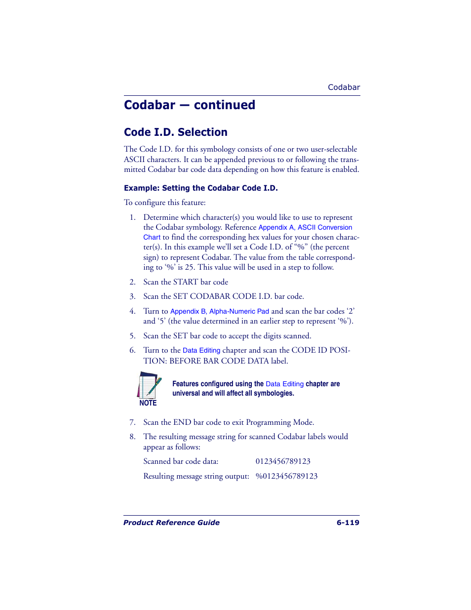 Codabar — continued, Code i.d. selection | Datalogic Scanning QUICKSCAN QS6500BT User Manual | Page 207 / 336