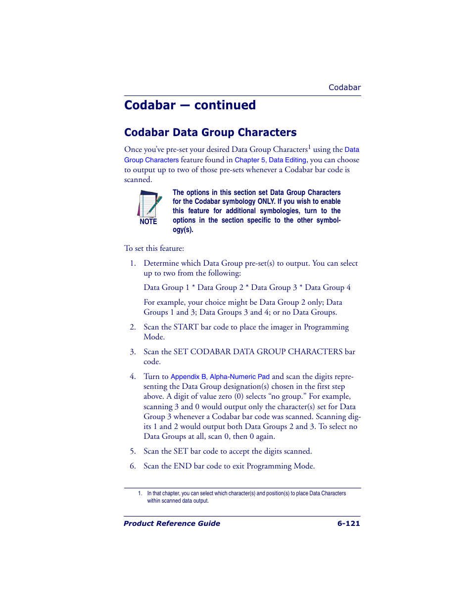 Codabar — continued, Codabar data group characters | Datalogic Scanning QUICKSCAN QS6500BT User Manual | Page 209 / 336