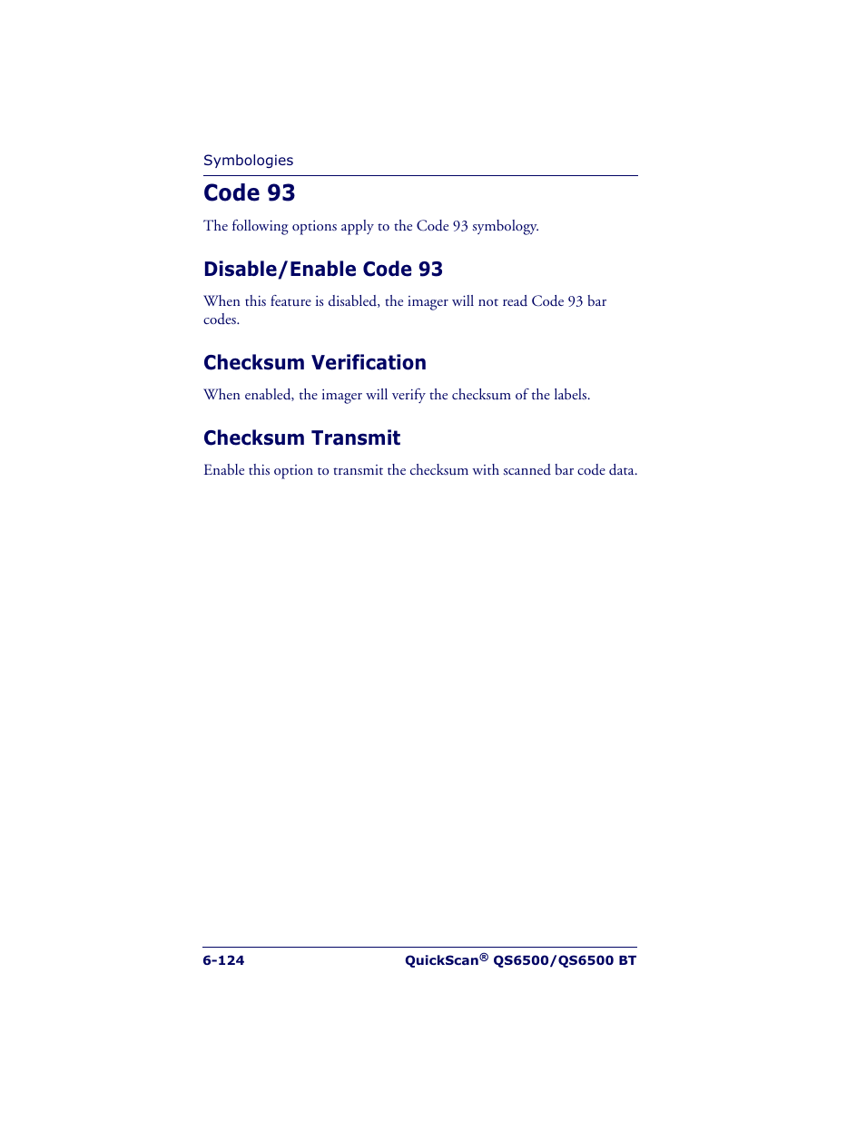 Code 93, Disable/enable code 93, Checksum verification | Checksum transmit | Datalogic Scanning QUICKSCAN QS6500BT User Manual | Page 212 / 336