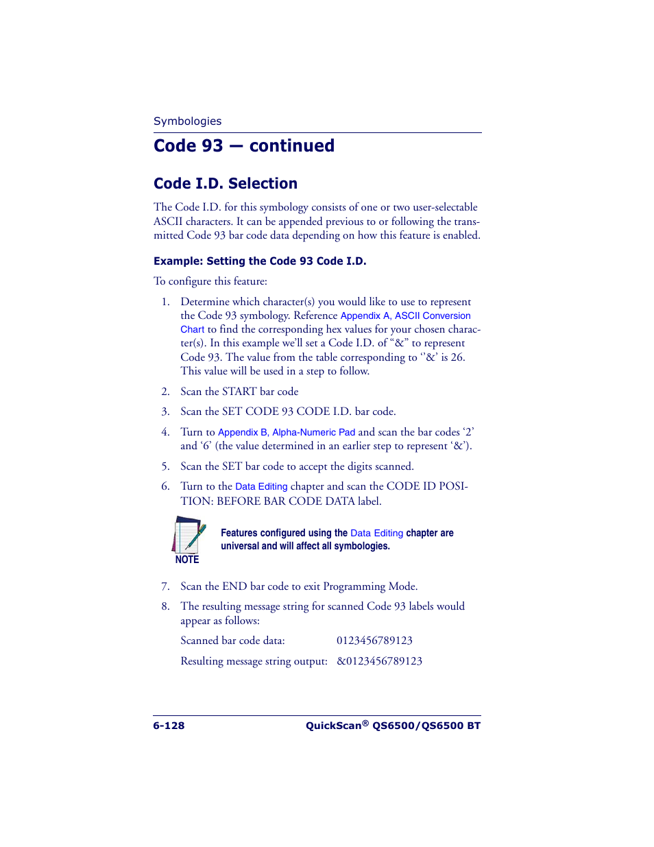 Code 93 — continued, Code i.d. selection | Datalogic Scanning QUICKSCAN QS6500BT User Manual | Page 216 / 336