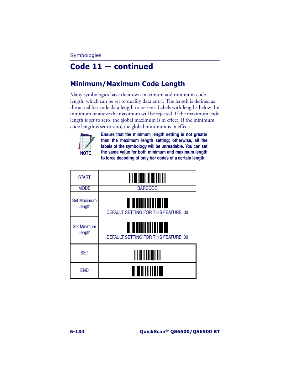Code 11 — continued, Minimum/maximum code length | Datalogic Scanning QUICKSCAN QS6500BT User Manual | Page 222 / 336