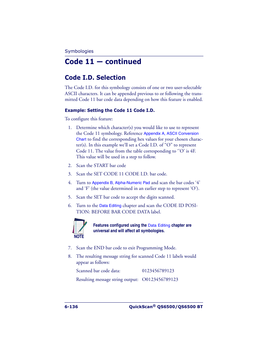 Code 11 — continued, Code i.d. selection | Datalogic Scanning QUICKSCAN QS6500BT User Manual | Page 224 / 336