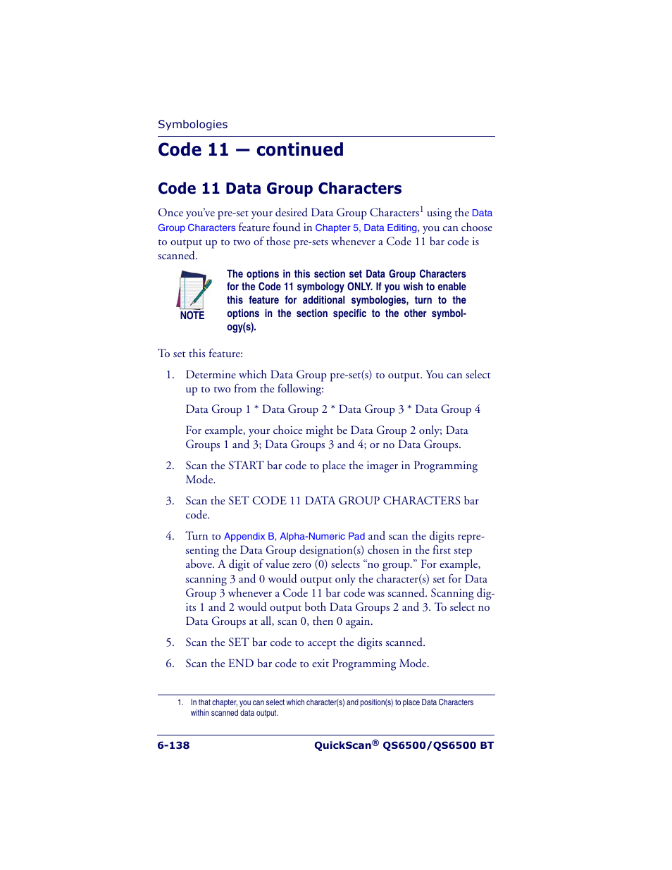 Code 11 — continued, Code 11 data group characters | Datalogic Scanning QUICKSCAN QS6500BT User Manual | Page 226 / 336