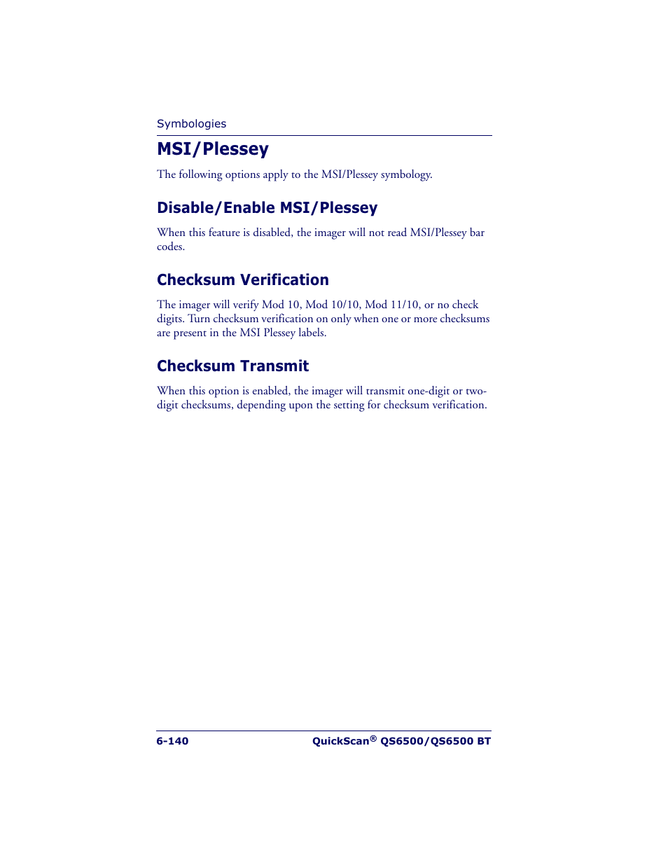 Msi/plessey, Disable/enable msi/plessey, Checksum verification | Checksum transmit | Datalogic Scanning QUICKSCAN QS6500BT User Manual | Page 228 / 336