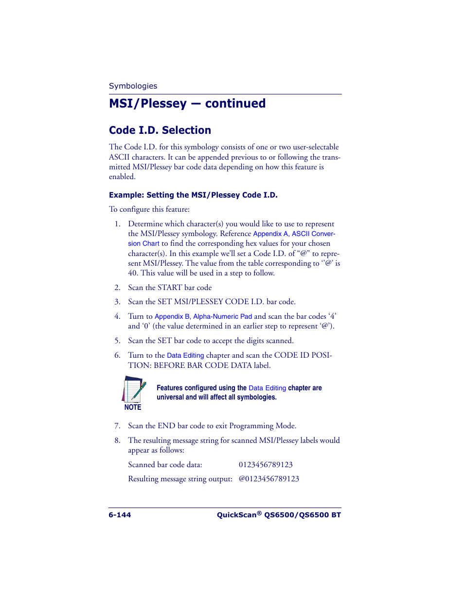 Msi/plessey — continued, Code i.d. selection | Datalogic Scanning QUICKSCAN QS6500BT User Manual | Page 232 / 336