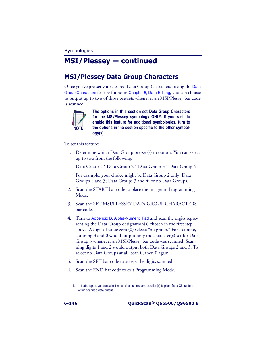 Msi/plessey — continued, Msi/plessey data group characters | Datalogic Scanning QUICKSCAN QS6500BT User Manual | Page 234 / 336