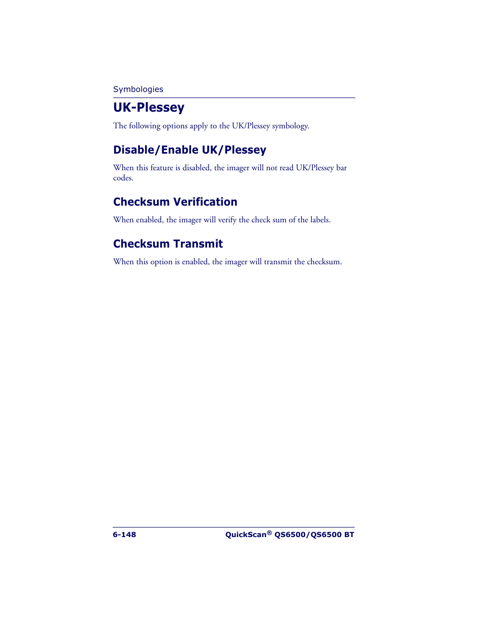 Uk-plessey, Disable/enable uk/plessey, Checksum verification | Checksum transmit | Datalogic Scanning QUICKSCAN QS6500BT User Manual | Page 236 / 336