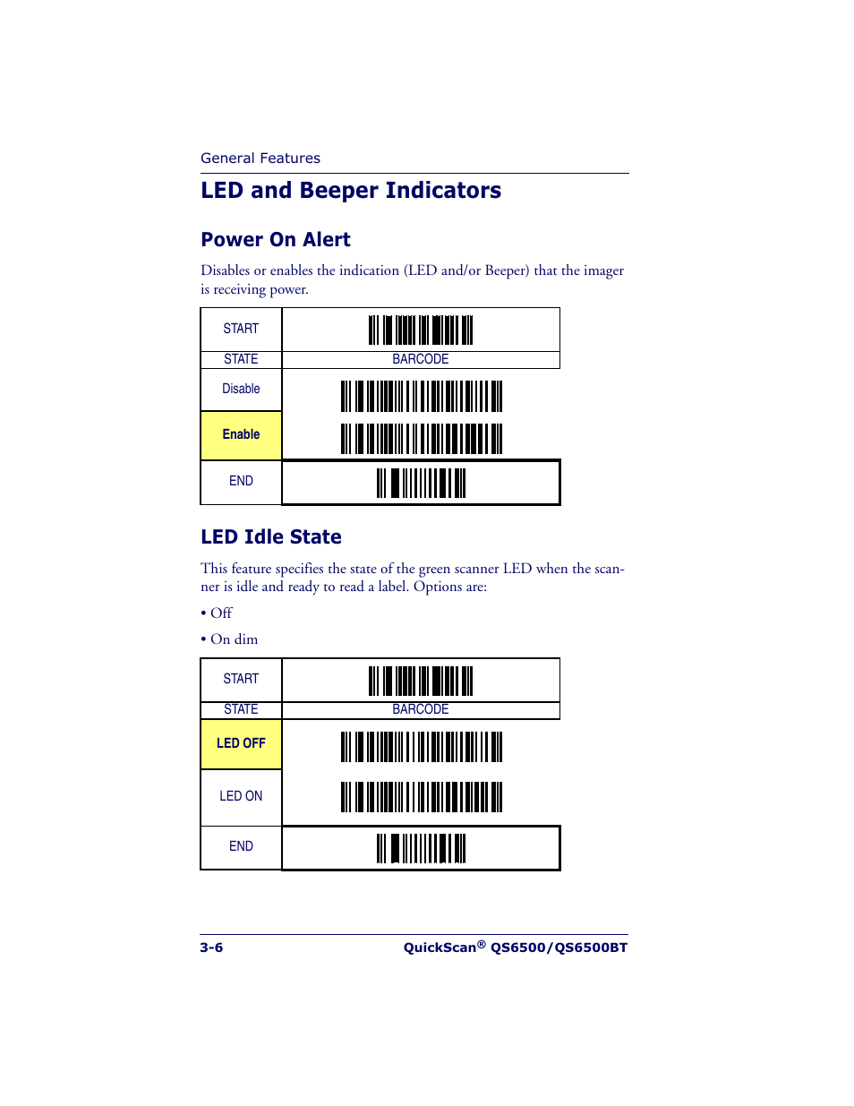 Led and beeper indicators, Power on alert, Led idle state | Datalogic Scanning QUICKSCAN QS6500BT User Manual | Page 24 / 336